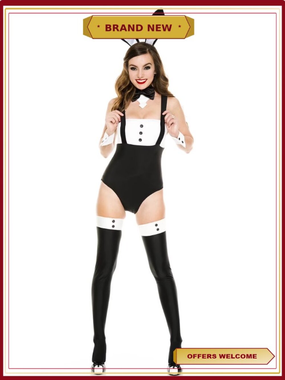 5 Piece High Waisted Wet Look Shorts & Tuxedo Top Rabbit Costume Set